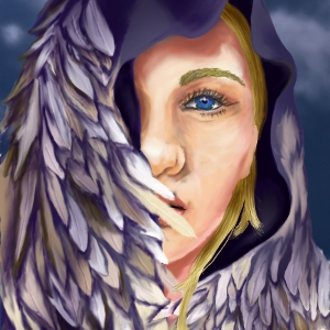 The Goddess Freya, face half-covered by her falcon feather cloak. Her eye is an intense blue. She stands in front of a dark blue sky with faintly white clouds.