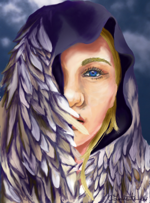 The Goddess Freya, face half-covered by her falcon feather cloak. Her eye is an intense blue. She stands in front of a dark blue sky with faintly white clouds.
